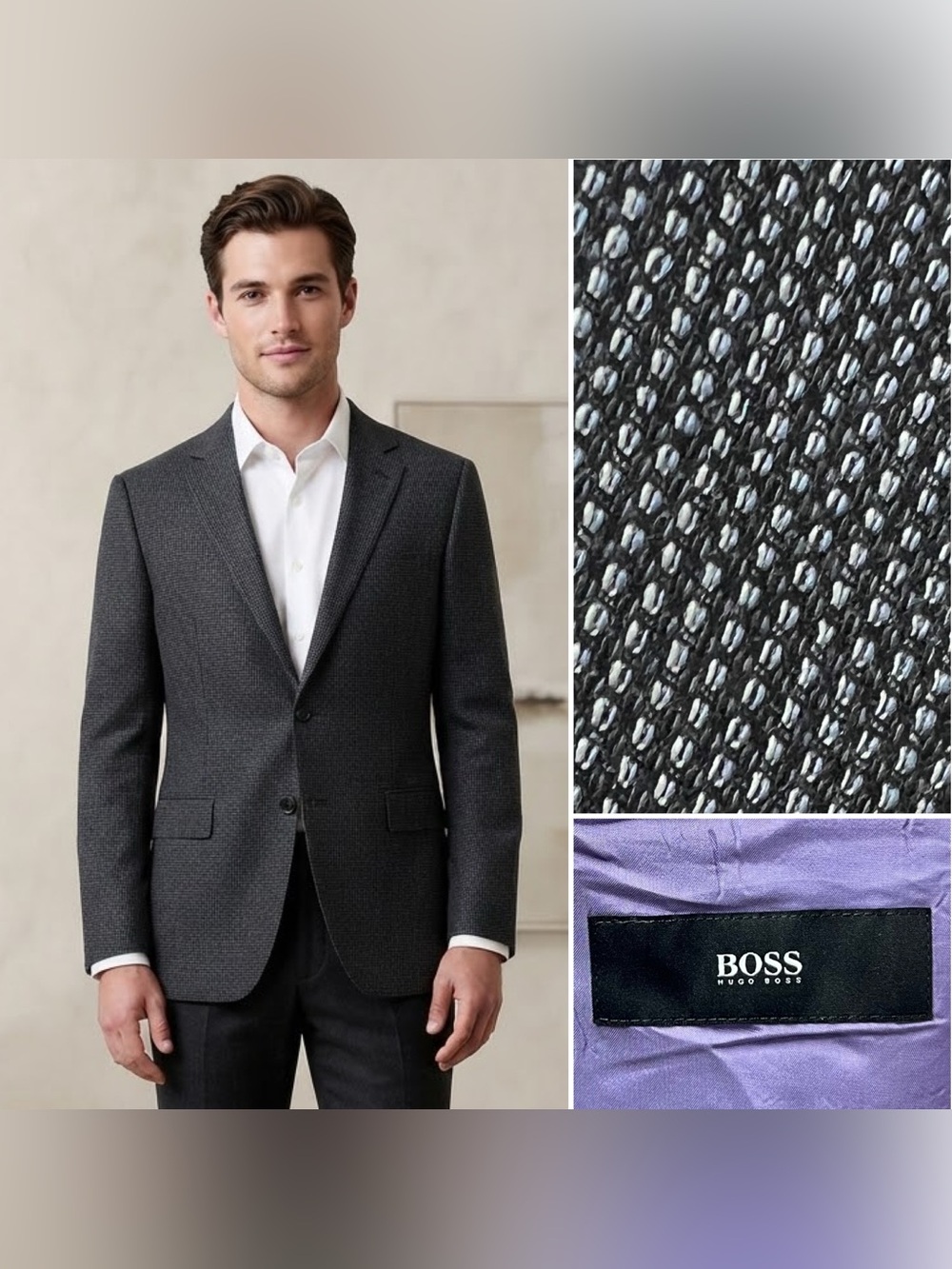 HUGO BOSS Men's 46R The James1 Black Woven Micro Patterned Blazer Jacket